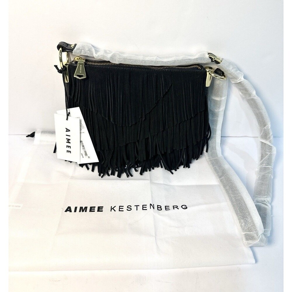 NWT Aimee Kestenberg Black Leather Fringe Crossbody Shoulder Bag Gold Hardware